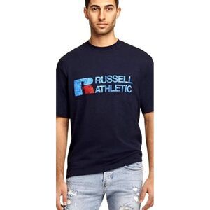 Russell Athletics Men's XLT Horizontal Graphics Cotton Navy Blue Tee T Shirt NWT